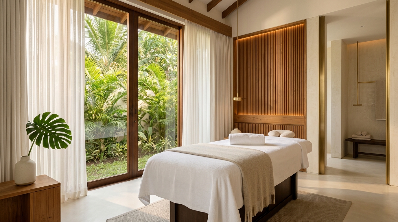 CROSA Sanctuary - Sunlit Restorative Spa Suite with Teak Accents