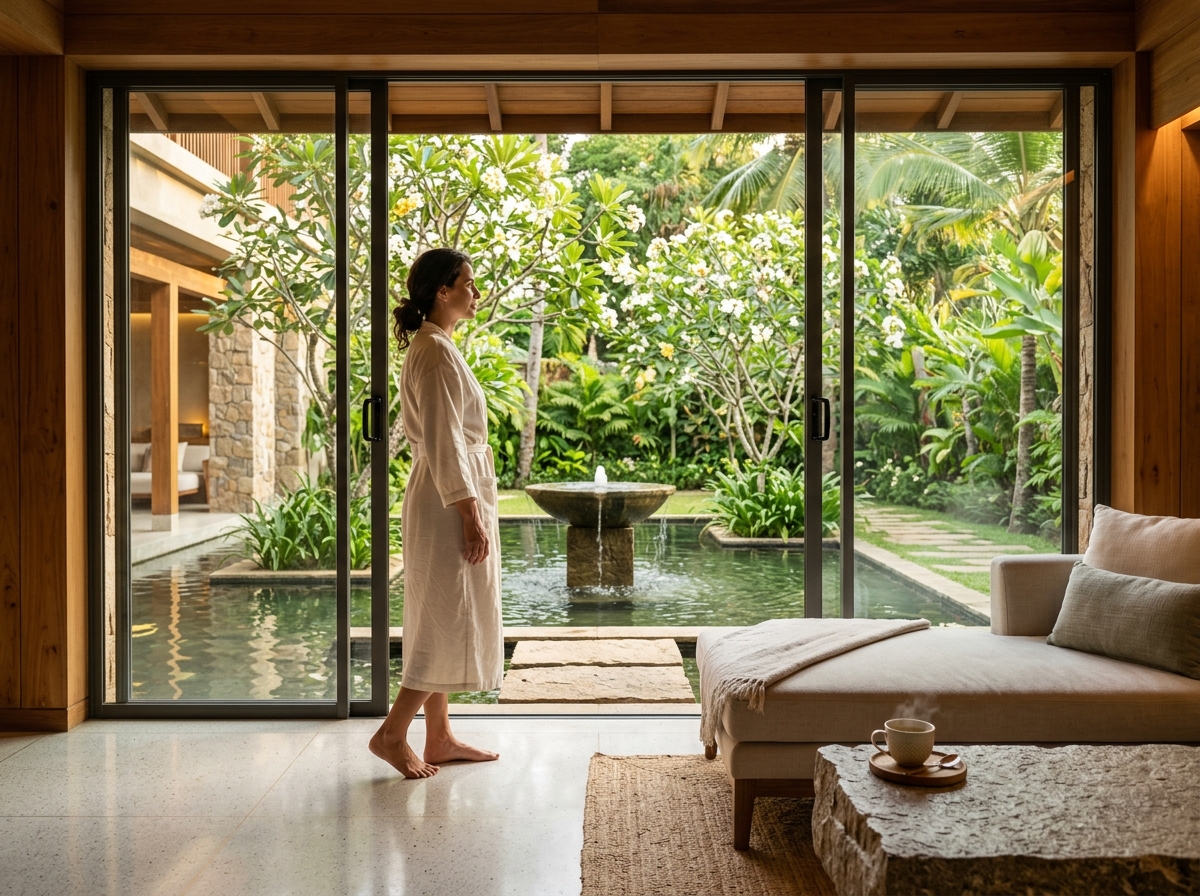 Client standing with graceful upright posture looking out into peaceful reflection garden